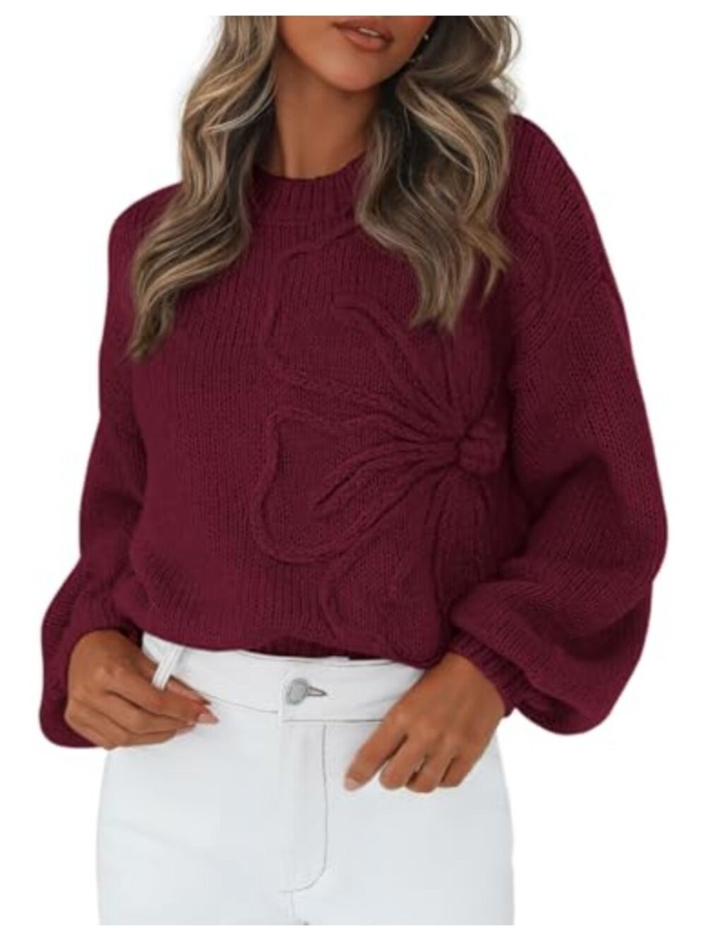 Womens Floral Pullover Sweater Crewneck Lantern Sleeve Chunky Knit
